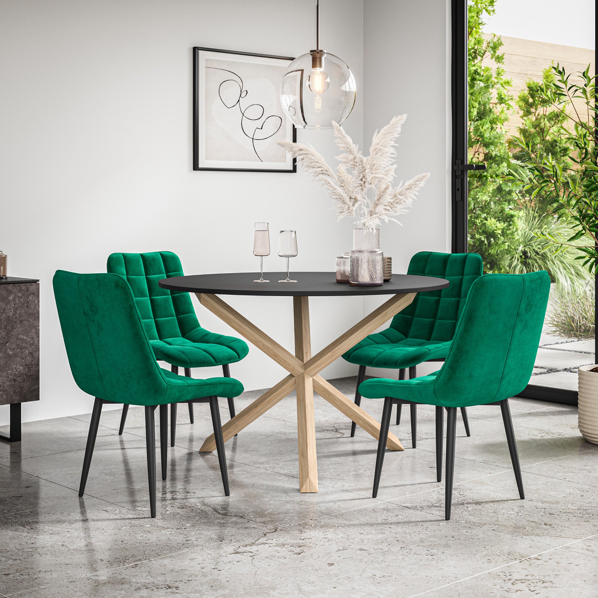 Malvern Round Dining Table And Chairs -  Black Table Top w Solid Oak Legs + Nova Dining Chair Set of 4/6
