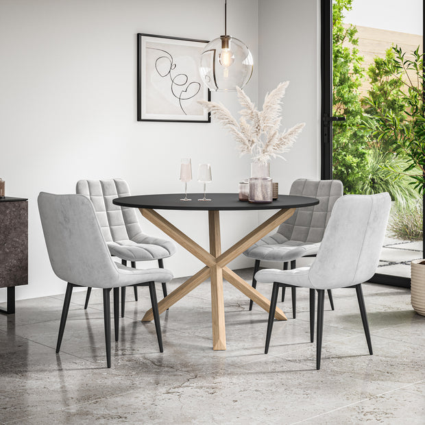 Malvern Round Dining Table And Chairs -  Black Table Top w Solid Oak Legs + Nova Dining Chair Set of 4/6