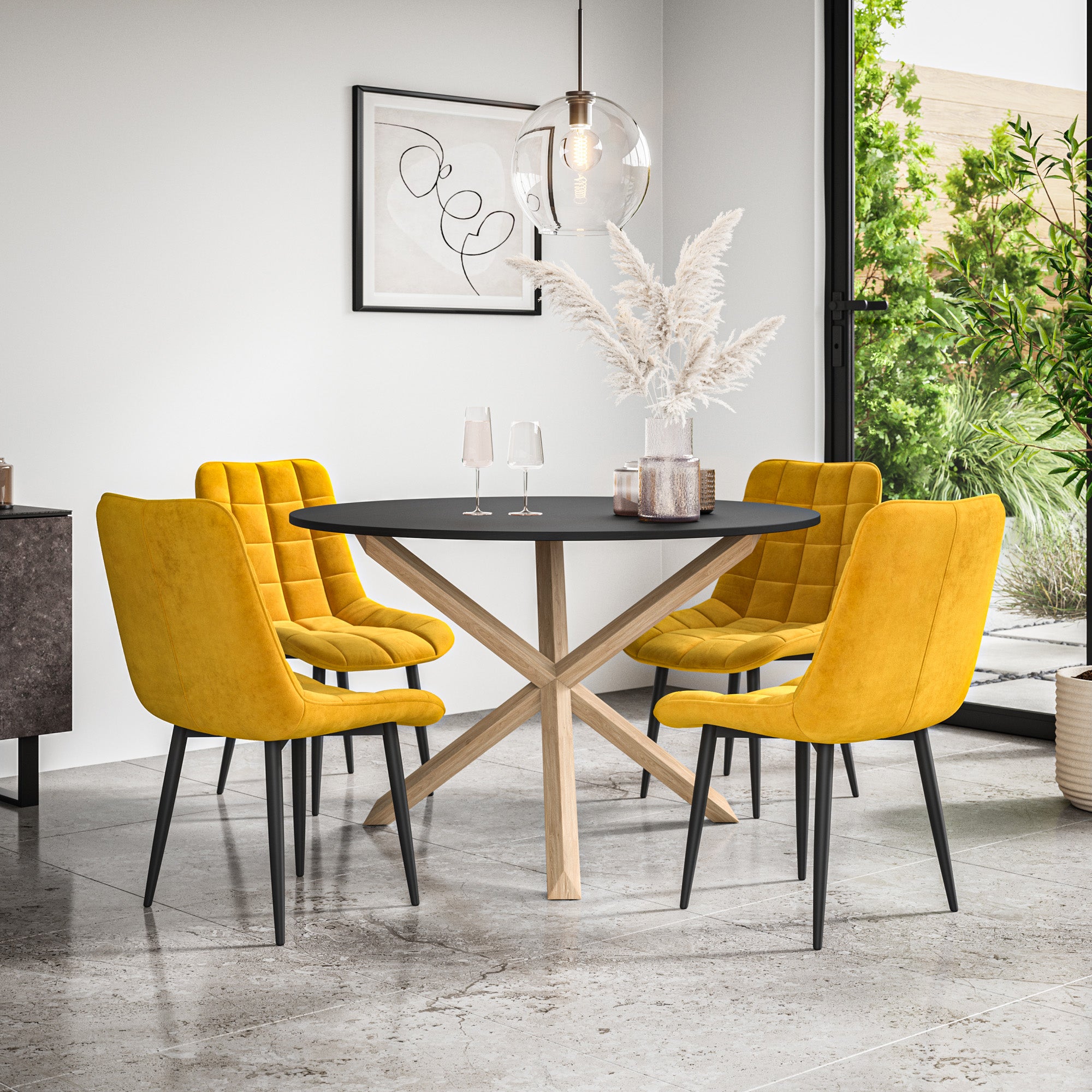 Malvern Round Dining Table And Chairs -  Black Table Top w Solid Oak Legs + Nova Dining Chair Set of 4/6