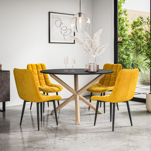Malvern Round Dining Table And Chairs -  Black Table Top w Solid Oak Legs + Nova Dining Chair Set of 4/6
