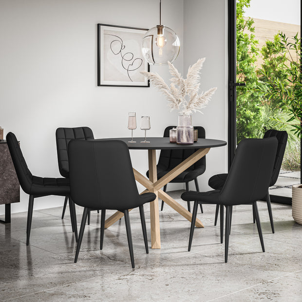 Malvern Round Dining Table And Chairs -  Black Table Top w Solid Oak Legs + Nova Dining Chair Set of 4/6