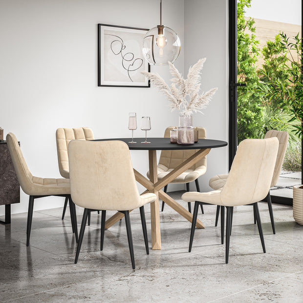 Malvern Round Dining Table And Chairs -  Black Table Top w Solid Oak Legs + Nova Dining Chair Set of 4/6