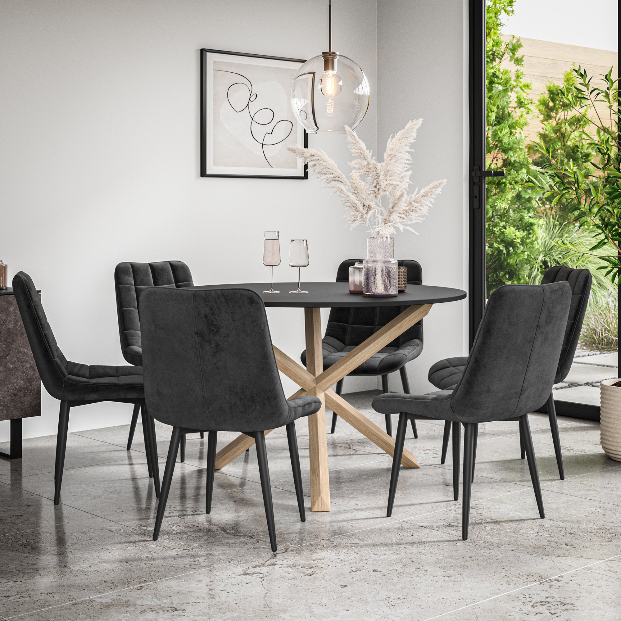 Malvern Round Dining Table And Chairs -  Black Table Top w Solid Oak Legs + Nova Dining Chair Set of 4/6