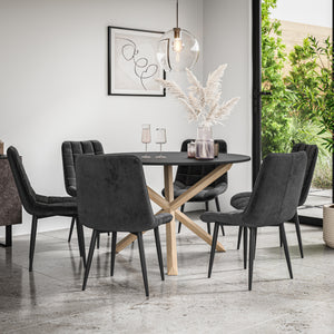 Malvern Round Dining Table And Chairs -  Black Table Top w Solid Oak Legs + Nova Dining Chair Set of 4/6