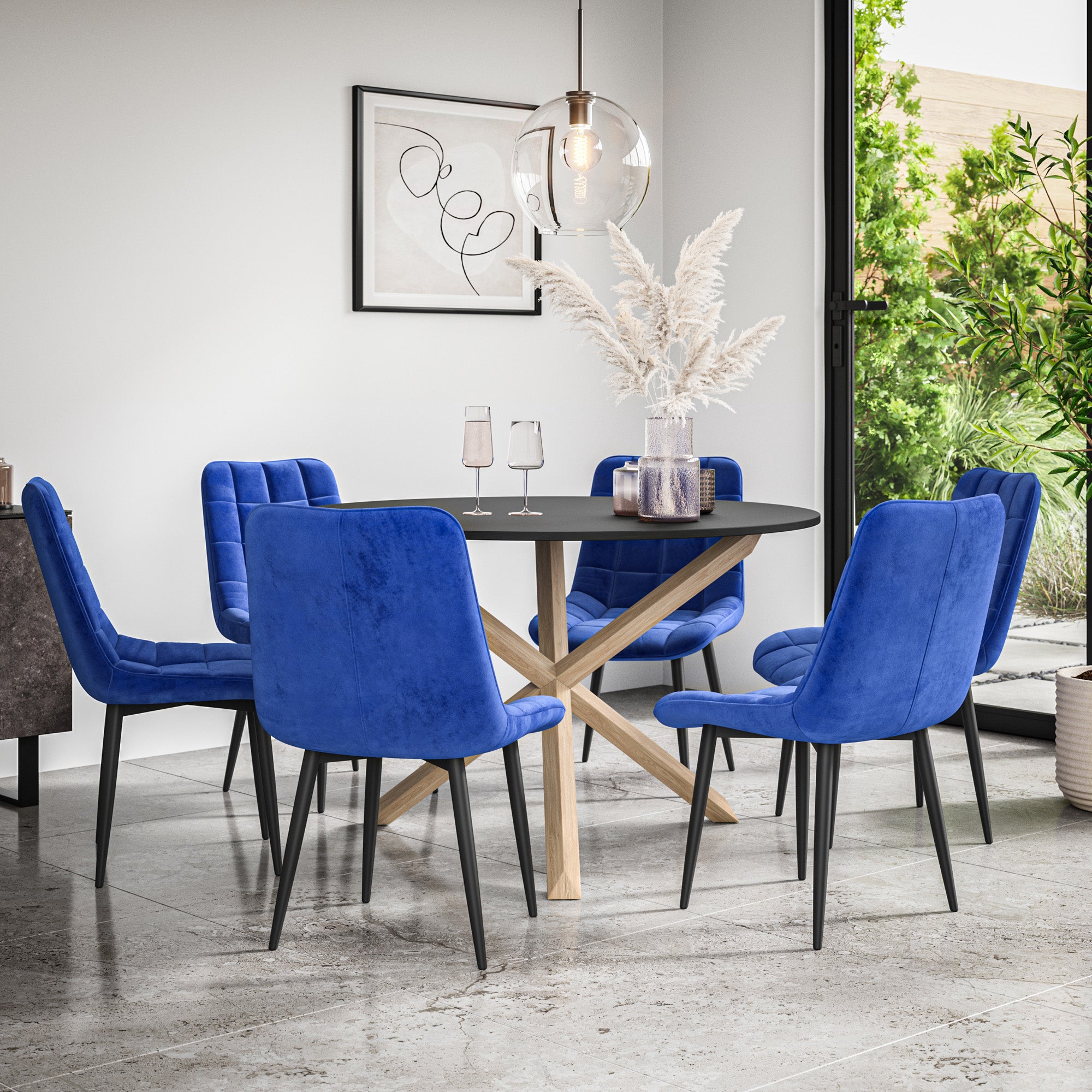 Malvern Round Dining Table And Chairs -  Black Table Top w Solid Oak Legs + Nova Dining Chair Set of 4/6