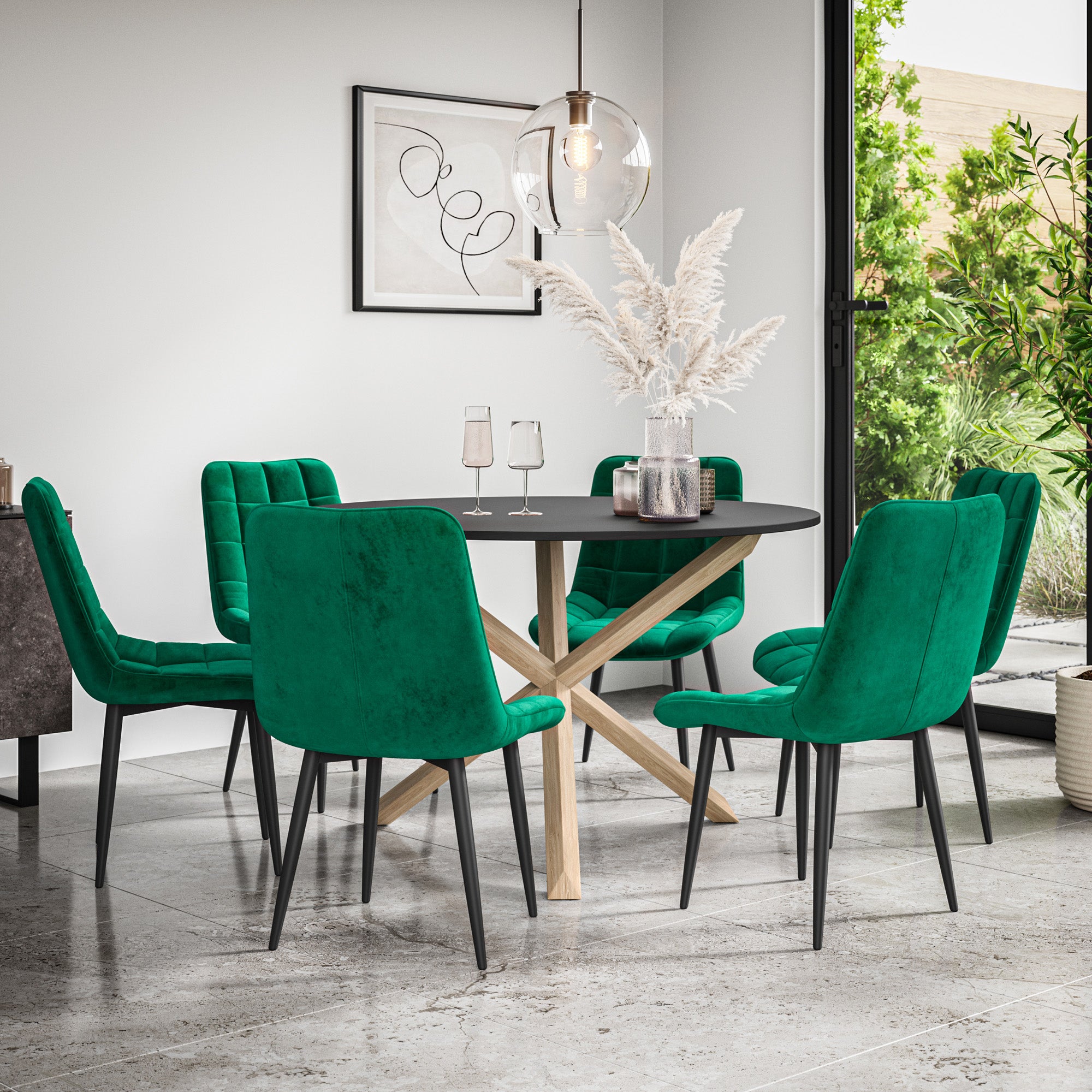 Malvern Round Dining Table And Chairs -  Black Table Top w Solid Oak Legs + Nova Dining Chair Set of 4/6