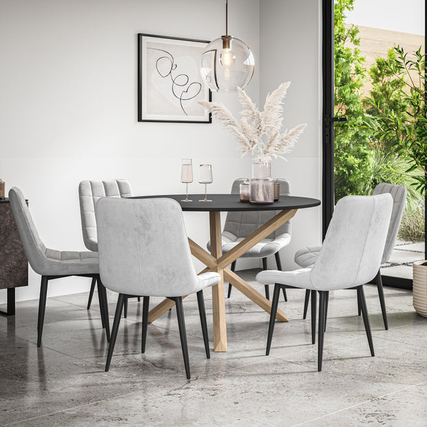 Malvern Round Dining Table And Chairs -  Black Table Top w Solid Oak Legs + Nova Dining Chair Set of 4/6
