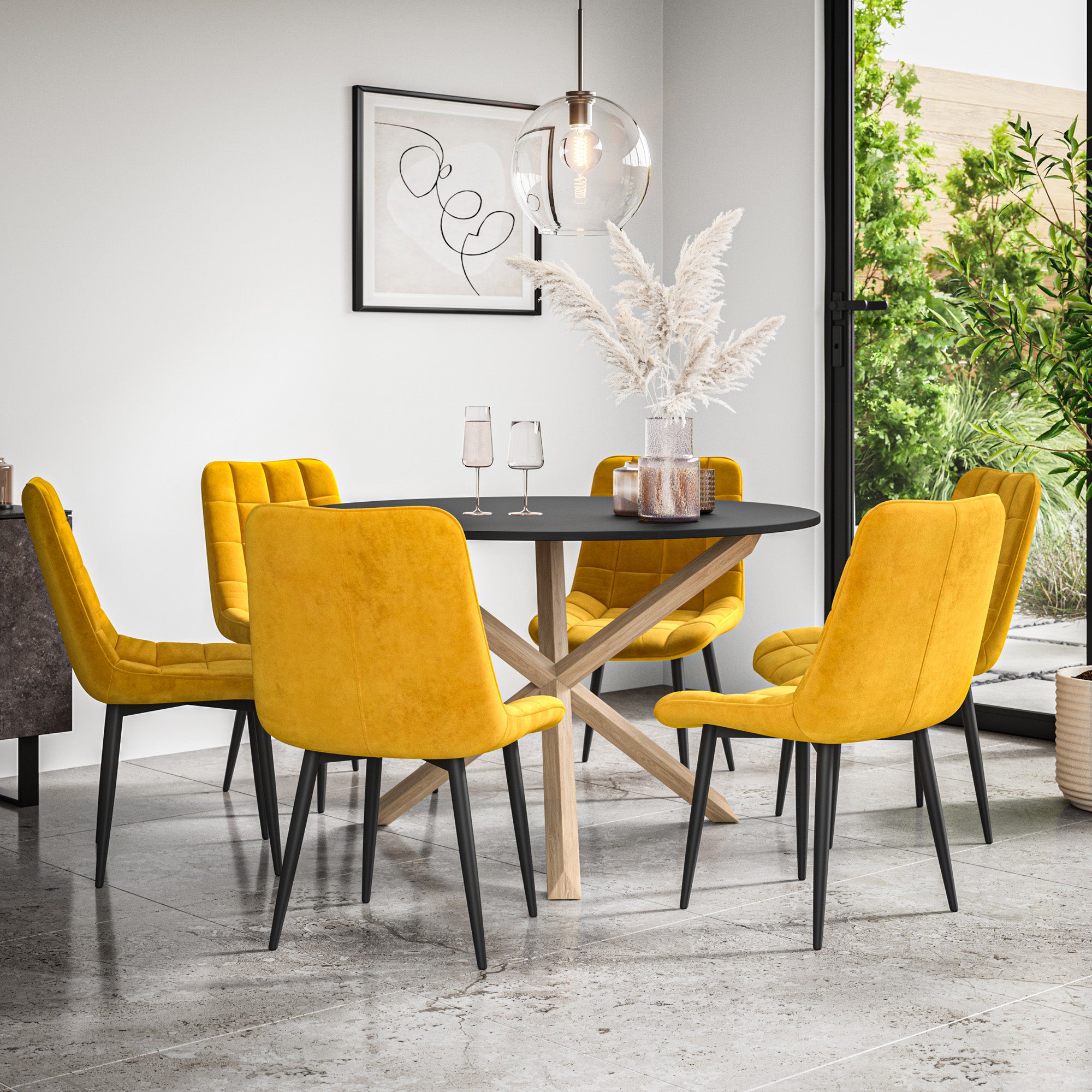 Malvern Round Dining Table And Chairs -  Black Table Top w Solid Oak Legs + Nova Dining Chair Set of 4/6
