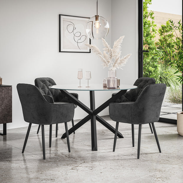 Malvern Round Dining Table And Chairs -  Clear Glass Table Top w Solid Oak Black Legs + Anika Dining Chair Set of 4