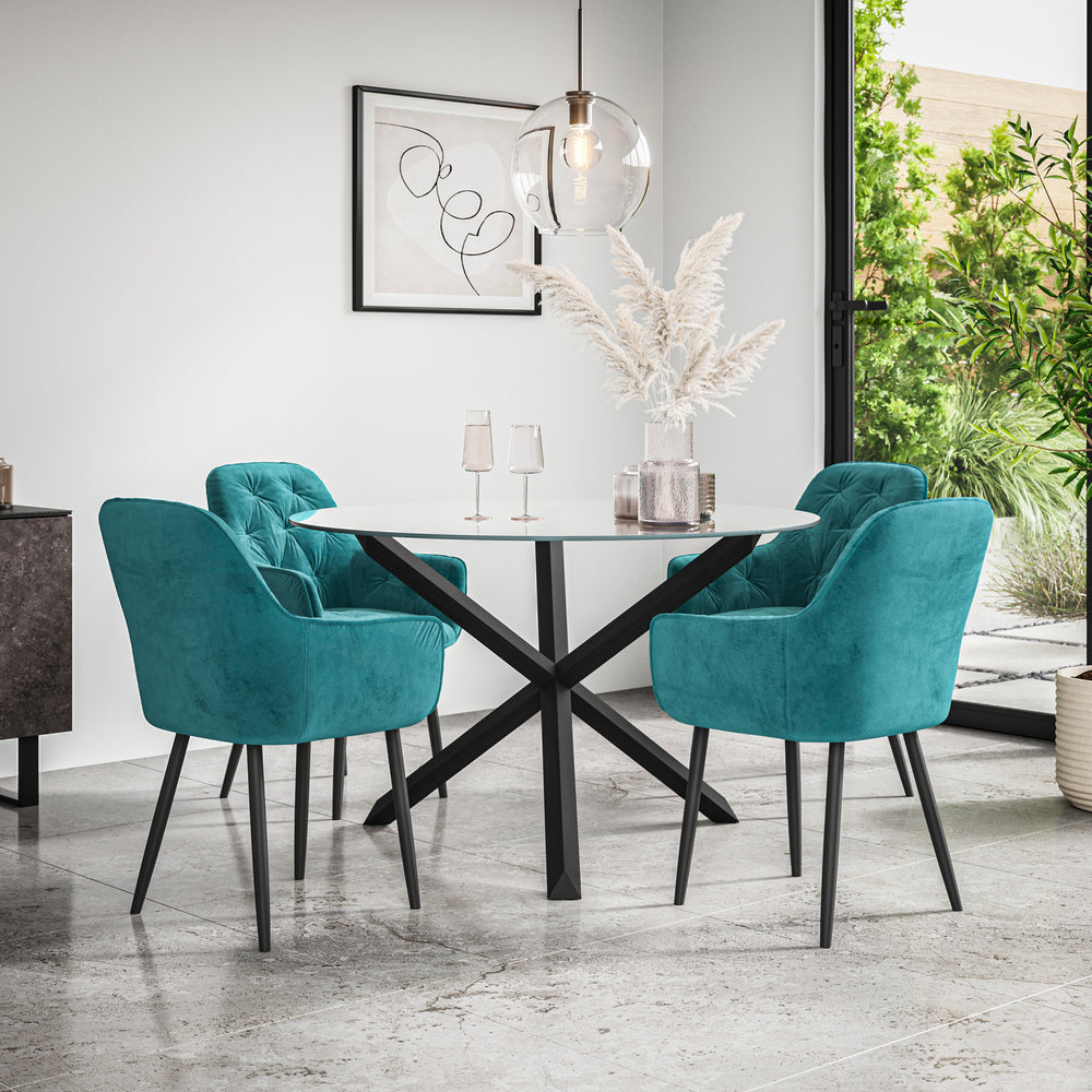 Malvern Round Dining Table And Chairs -  Clear Glass Table Top w Solid Oak Black Legs + Anika Dining Chair Set of 4