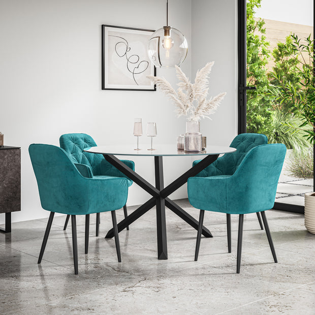 Malvern Round Dining Table And Chairs -  Clear Glass Table Top w Solid Oak Black Legs + Anika Dining Chair Set of 4
