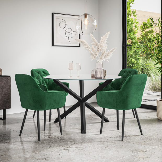 Malvern Round Dining Table And Chairs -  Clear Glass Table Top w Solid Oak Black Legs + Anika Dining Chair Set of 4