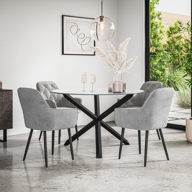 Malvern Round Dining Table And Chairs -  Clear Glass Table Top w Solid Oak Black Legs + Anika Dining Chair Set of 4