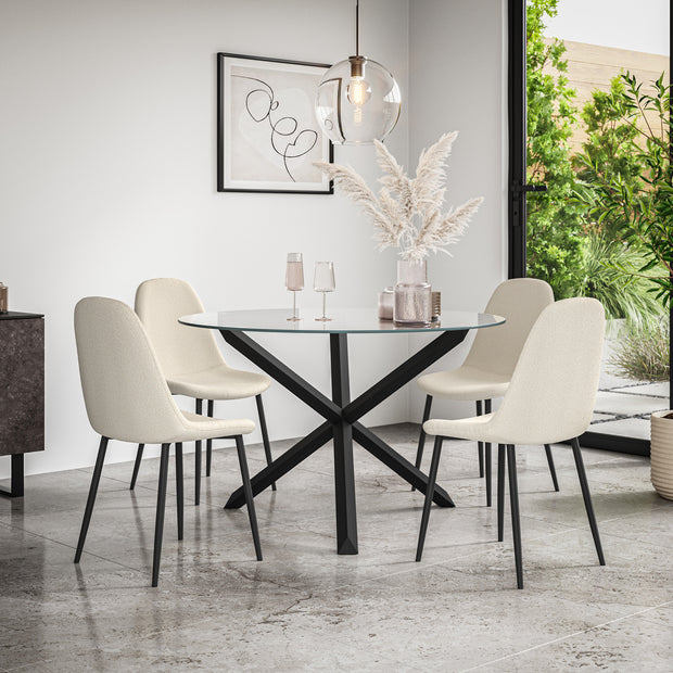 Malvern Round Dining Table And Chairs -  Clear Glass Table Top w Solid Oak Black Legs + Maya Boucle Dining Chair Set of 4/6