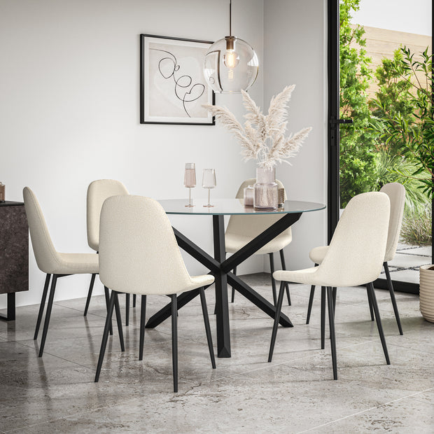 Malvern Round Dining Table And Chairs -  Clear Glass Table Top w Solid Oak Black Legs + Maya Boucle Dining Chair Set of 4/6
