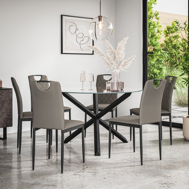 Malvern Round Dining Table And Chairs -  Clear Glass Table Top w Solid Oak Black Legs + Monza Dining Chair Set of 4/6