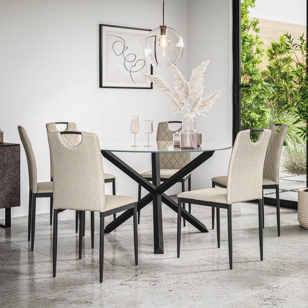 Malvern Round Dining Table And Chairs -  Clear Glass Table Top w Solid Oak Black Legs + Monza Dining Chair Set of 4/6