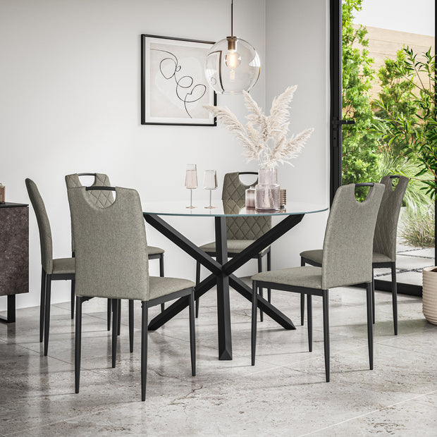 Malvern Round Dining Table And Chairs -  Clear Glass Table Top w Solid Oak Black Legs + Monza Dining Chair Set of 4/6