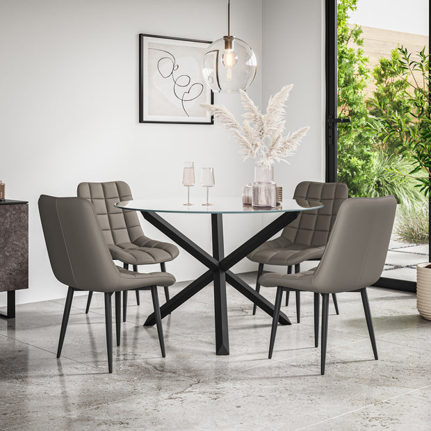 Malvern Round Dining Table And Chairs -  Clear Glass Table Top w Solid Oak Black Legs + Nova Dining Chair Set of 4/6