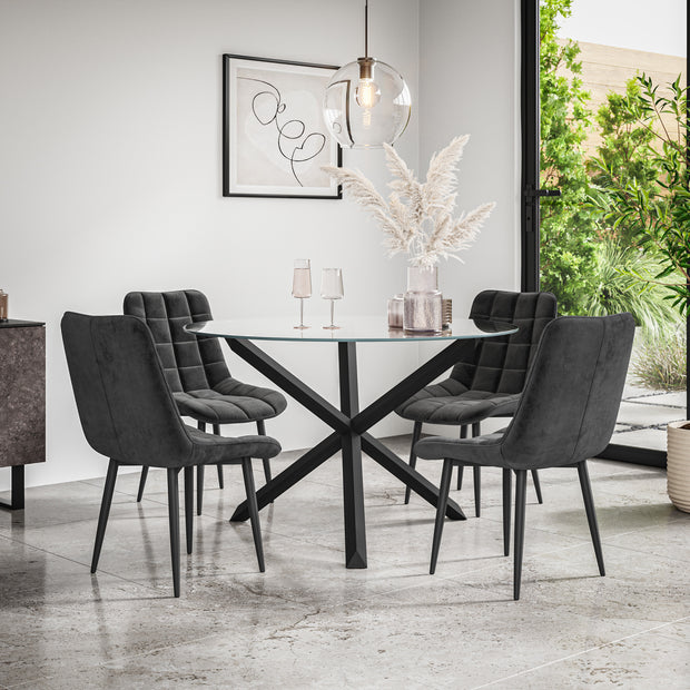 Malvern Round Dining Table And Chairs -  Clear Glass Table Top w Solid Oak Black Legs + Nova Dining Chair Set of 4/6