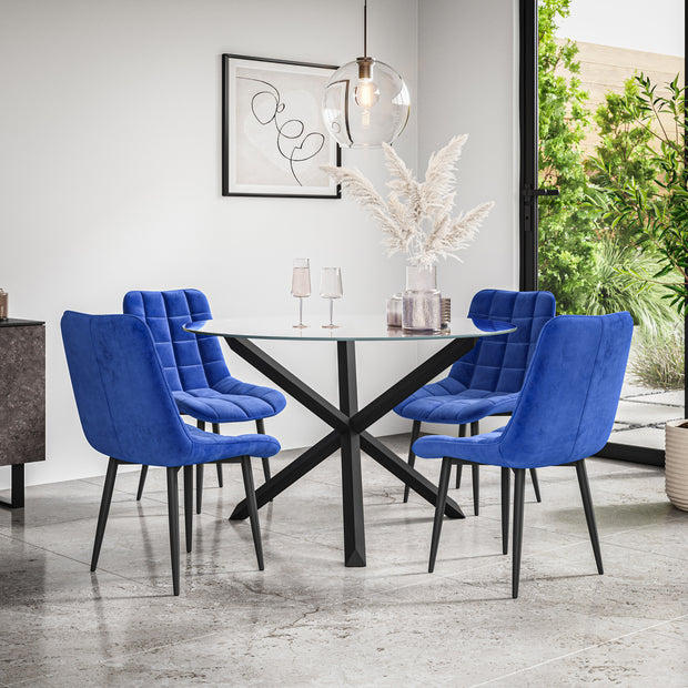 Malvern Round Dining Table And Chairs -  Clear Glass Table Top w Solid Oak Black Legs + Nova Dining Chair Set of 4/6