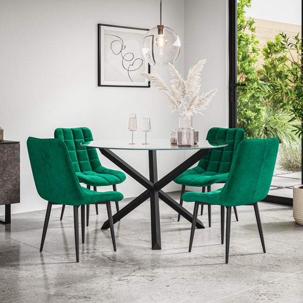 Malvern Round Dining Table And Chairs -  Clear Glass Table Top w Solid Oak Black Legs + Nova Dining Chair Set of 4/6