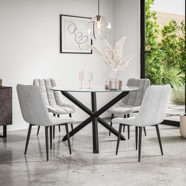 Malvern Round Dining Table And Chairs -  Clear Glass Table Top w Solid Oak Black Legs + Nova Dining Chair Set of 4/6