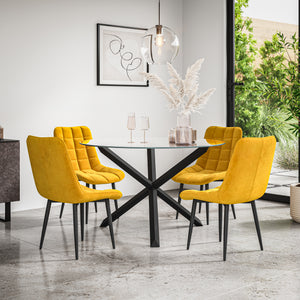 Malvern Round Dining Table And Chairs -  Clear Glass Table Top w Solid Oak Black Legs + Nova Dining Chair Set of 4/6