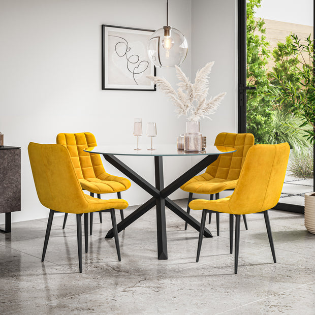 Malvern Round Dining Table And Chairs -  Clear Glass Table Top w Solid Oak Black Legs + Nova Dining Chair Set of 4/6