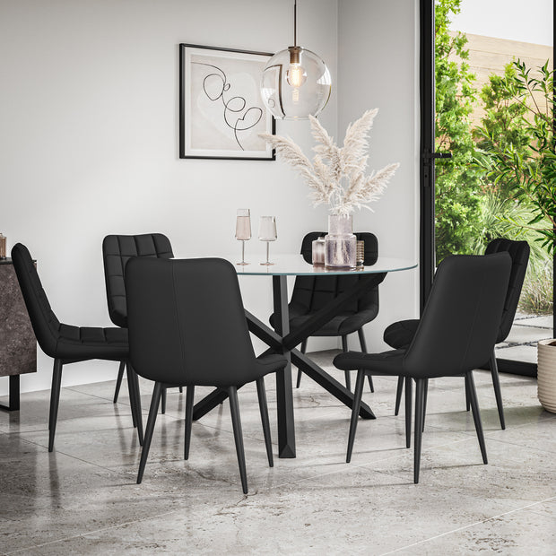 Malvern Round Dining Table And Chairs -  Clear Glass Table Top w Solid Oak Black Legs + Nova Dining Chair Set of 4/6