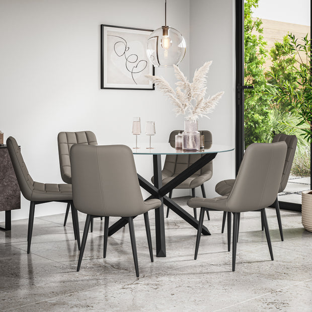 Malvern Round Dining Table And Chairs -  Clear Glass Table Top w Solid Oak Black Legs + Nova Dining Chair Set of 4/6