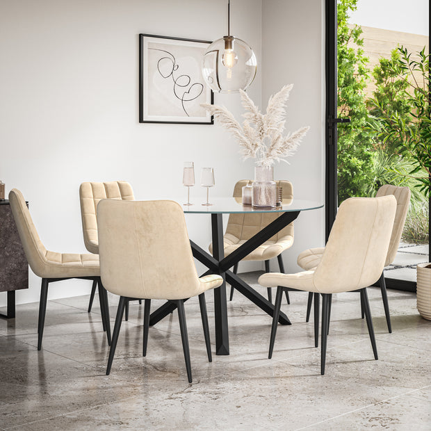 Malvern Round Dining Table And Chairs -  Clear Glass Table Top w Solid Oak Black Legs + Nova Dining Chair Set of 4/6
