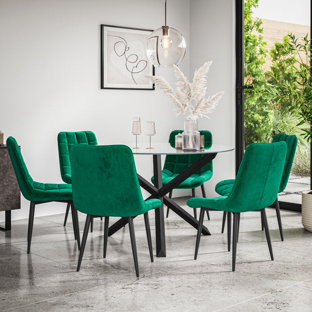 Malvern Round Dining Table And Chairs -  Clear Glass Table Top w Solid Oak Black Legs + Nova Dining Chair Set of 4/6