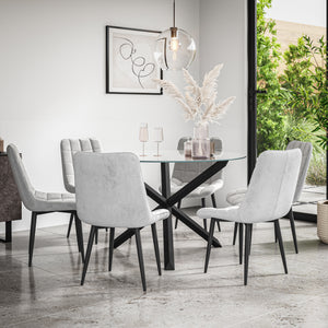 Malvern Round Dining Table And Chairs -  Clear Glass Table Top w Solid Oak Black Legs + Nova Dining Chair Set of 4/6