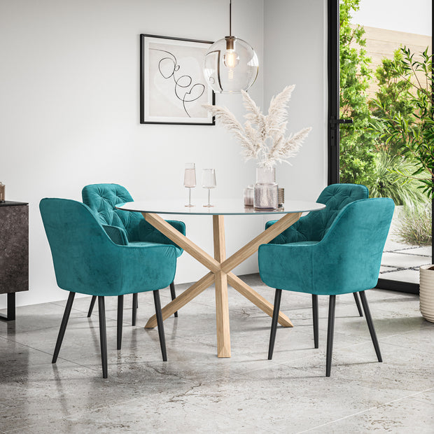 Malvern Round Dining Table And Chairs -  Clear Glass Table Top w Solid Oak Legs + Anika Dining Chair Set of 4