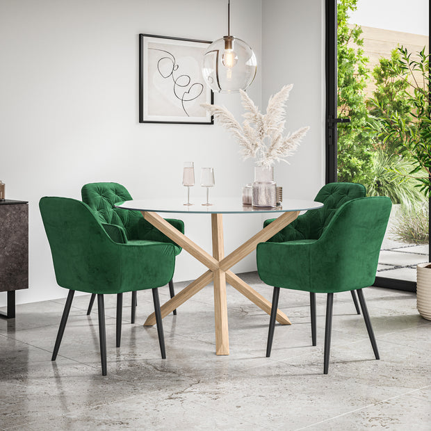 Malvern Round Dining Table And Chairs -  Clear Glass Table Top w Solid Oak Legs + Anika Dining Chair Set of 4