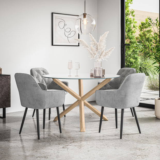 Malvern Round Dining Table And Chairs -  Clear Glass Table Top w Solid Oak Legs + Anika Dining Chair Set of 4