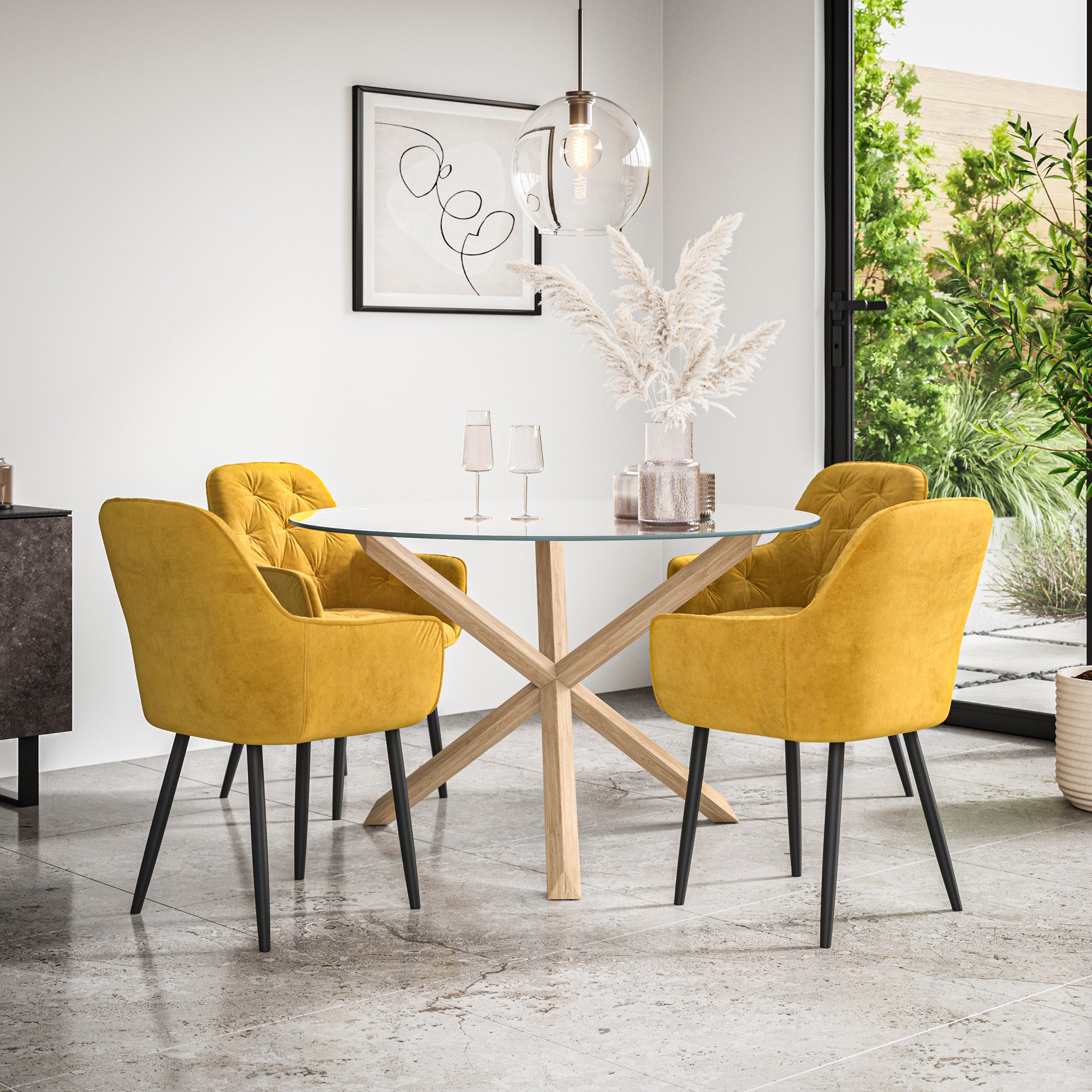 Malvern Round Dining Table And Chairs -  Clear Glass Table Top w Solid Oak Legs + Anika Dining Chair Set of 4