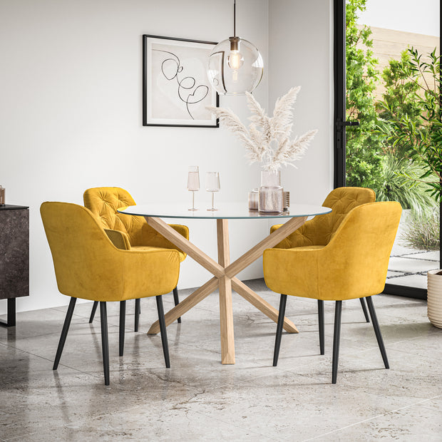 Malvern Round Dining Table And Chairs -  Clear Glass Table Top w Solid Oak Legs + Anika Dining Chair Set of 4