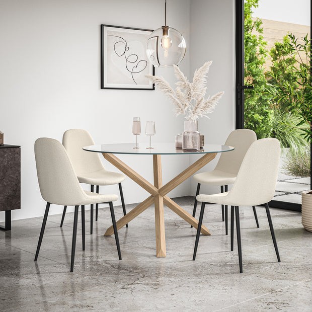 Malvern Round Dining Table And Chairs -  Clear Glass Table Top w Solid Oak Legs + Maya Boucle Dining Chair Set of 4/6