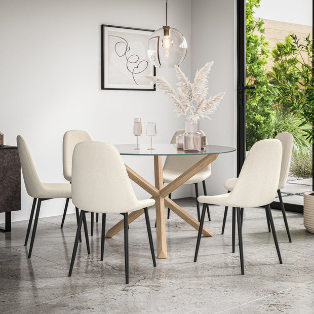 Malvern Round Dining Table And Chairs -  Clear Glass Table Top w Solid Oak Legs + Maya Boucle Dining Chair Set of 4/6