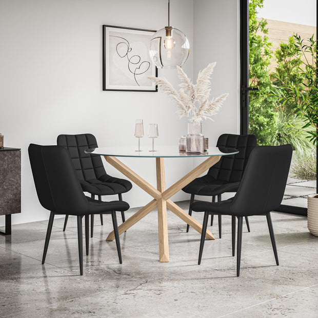 Malvern Round Dining Table And Chairs -  Clear Glass Table Top w Solid Oak Legs + Nova Dining Chair Set of 4/6
