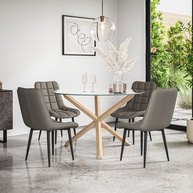Malvern Round Dining Table And Chairs -  Clear Glass Table Top w Solid Oak Legs + Nova Dining Chair Set of 4/6
