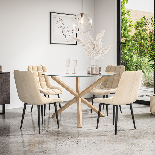 Malvern Round Dining Table And Chairs -  Clear Glass Table Top w Solid Oak Legs + Nova Dining Chair Set of 4/6