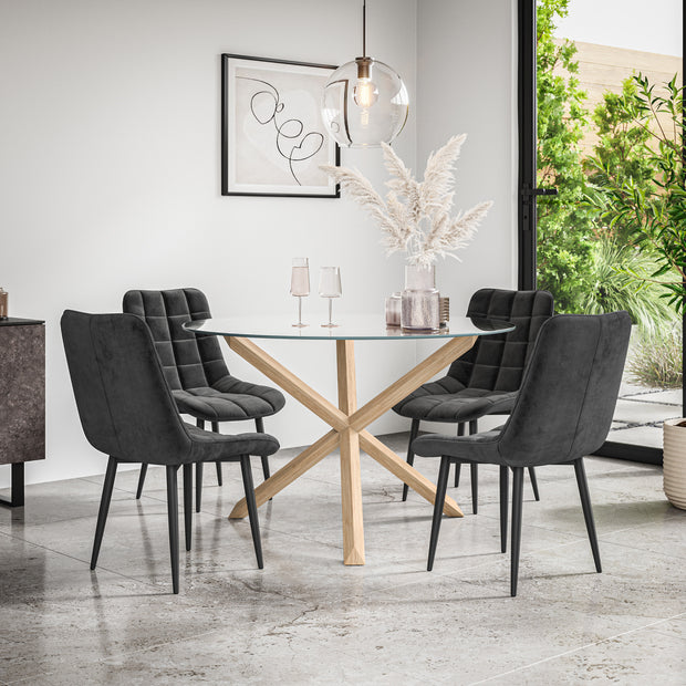 Malvern Round Dining Table And Chairs -  Clear Glass Table Top w Solid Oak Legs + Nova Dining Chair Set of 4/6