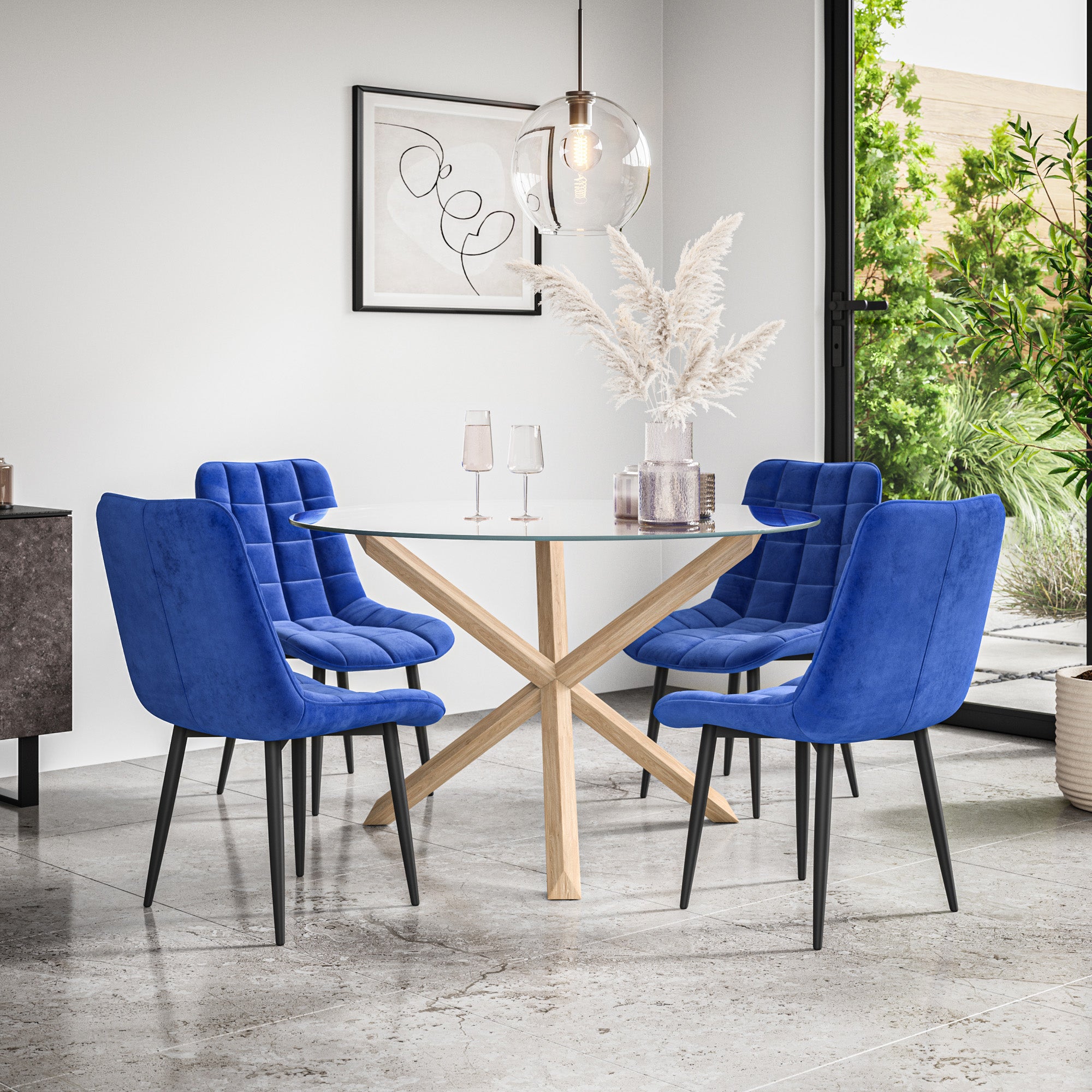 Malvern Round Dining Table And Chairs -  Clear Glass Table Top w Solid Oak Legs + Nova Dining Chair Set of 4/6