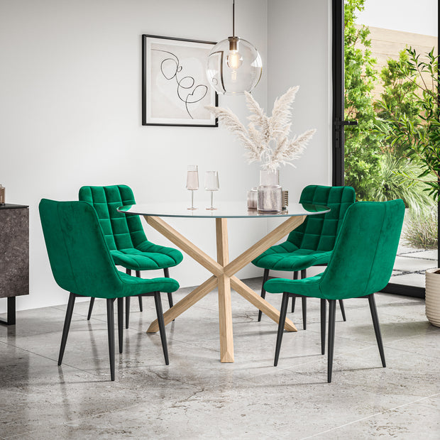 Malvern Round Dining Table And Chairs -  Clear Glass Table Top w Solid Oak Legs + Nova Dining Chair Set of 4/6