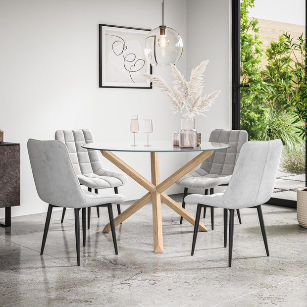 Malvern Round Dining Table And Chairs -  Clear Glass Table Top w Solid Oak Legs + Nova Dining Chair Set of 4/6