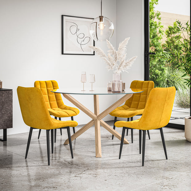 Malvern Round Dining Table And Chairs -  Clear Glass Table Top w Solid Oak Legs + Nova Dining Chair Set of 4/6