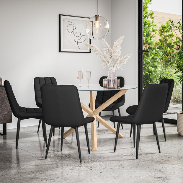 Malvern Round Dining Table And Chairs -  Clear Glass Table Top w Solid Oak Legs + Nova Dining Chair Set of 4/6